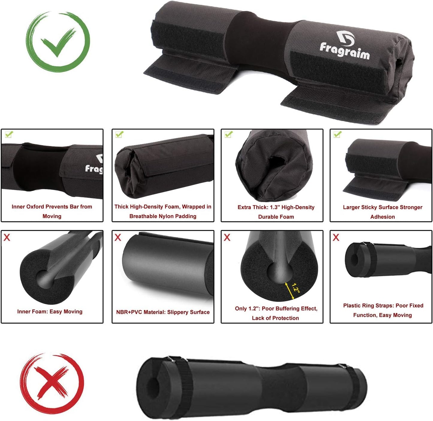 Barbell Squat Pad, Safety Bar Pad with Thick Foam and Nylon Padding - Neck & Shoulder Protective Pad Support for Squats, Lunges & Hip Thrusts - Fits Olympic Standard Weightlifting Bar